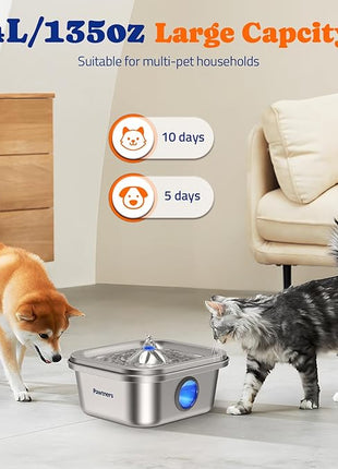 Cat Water Fountain Stainless Steel, 4L/135oz Pet Fountain, Automatic Dog Drinking Dispenser with Water Level Window, Filter, Quiet Pump, Silver