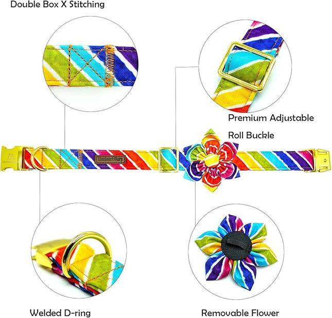 Lionheart glory Rainbow Dog Collar with Flower Colorful Summer Dog Flower Collar Heavy Duty Adjustable Pride Collars for Large Dogs Pet Gift Holiday