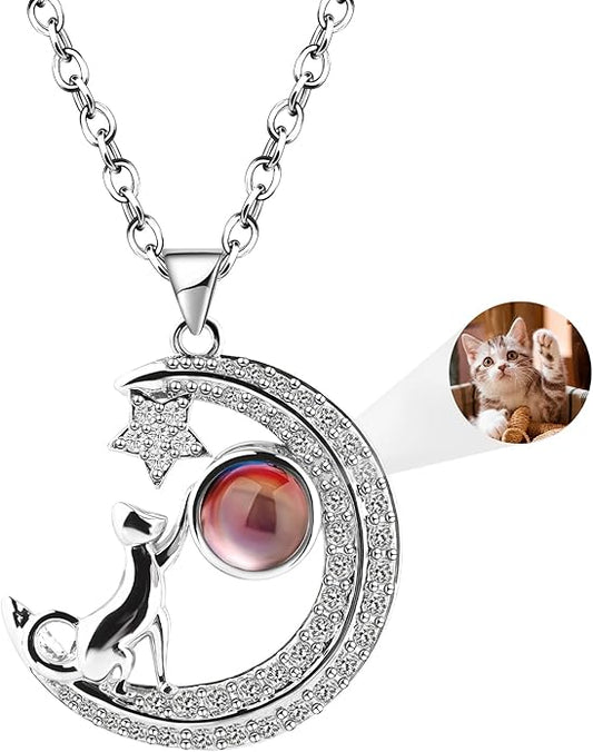 Personalized Picture Necklace with picture inside Custom Projection Necklace Cat/Dog Paw Print Pet Memorial Necklaces for Pet Lovers, Photo Gifts for Anniversary Dog Lovers