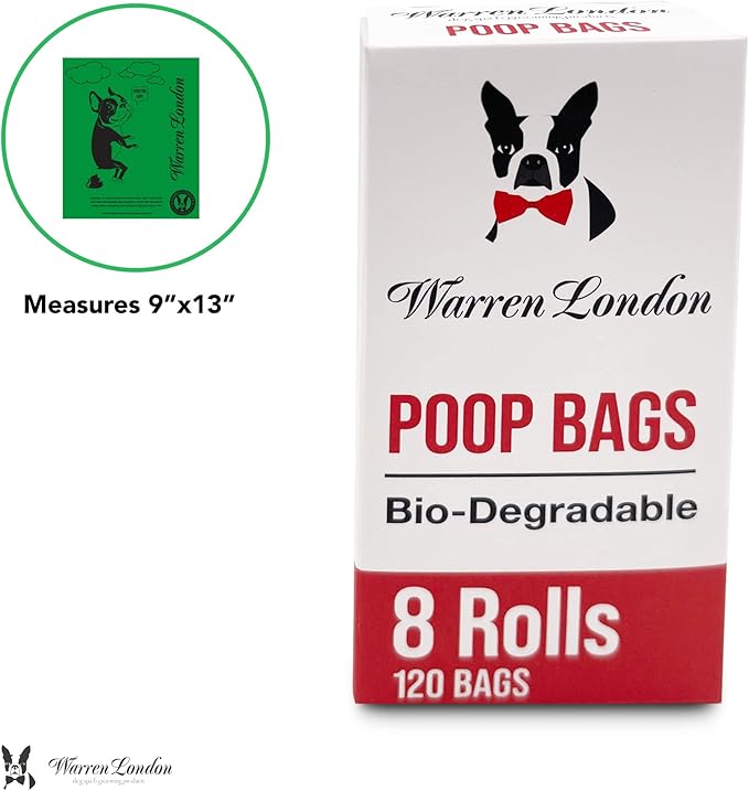 Warren London Dog Poop Bags | Leak-Proof Pet Waste Bags | Earth Friendly with Recycled Packaging | Unscented 9x13 Inch | 8 Rolls (120 Count) for All Dog Breeds