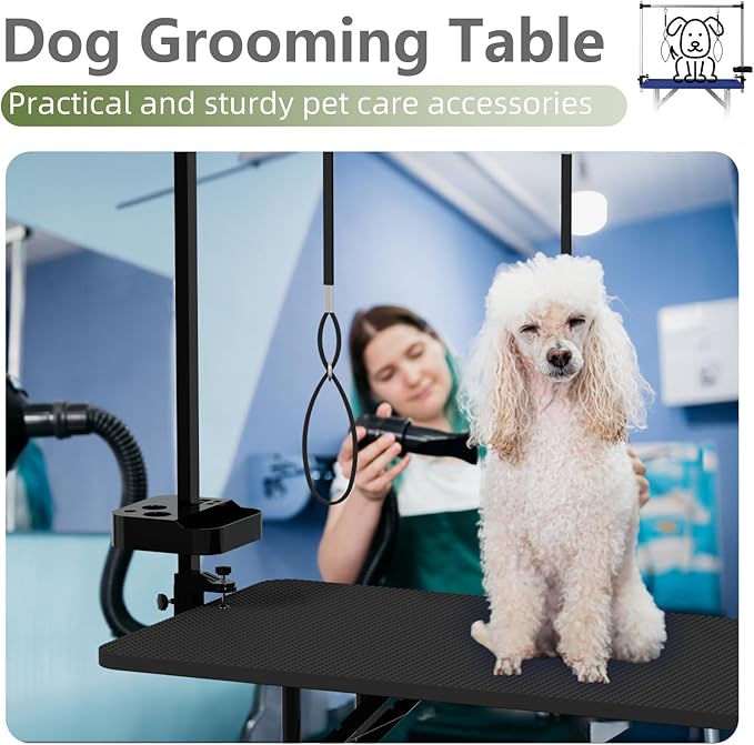 VFK 36''/47''Large Dog Grooming Table, Foldable Pet Station at Home, Dog Grooming Table,Adjustable Cat Drying Desktop with Arms, Nooses, Mesh Tray (Basic pet Table, 47" Black)