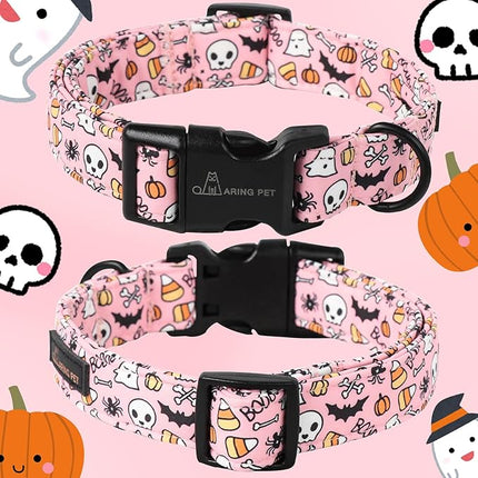ARING PET Halloween Dog Collars, Cute Pink Pumpkin Ghost Bat Spider Skull Pet Collar with Quick Release Buckle for Small Medium Large Girl Boy Dogs-L