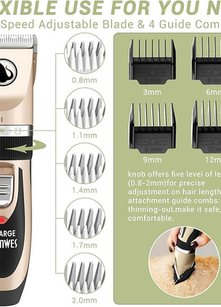Ceenwes Dog Clippers Low Noise Pet Clippers Rechargeable Trimmer Cordless Grooming Tool Professional Dog Hair Trimmer with Comb Guides Scissors for Dogs Cats & Others（Gold）