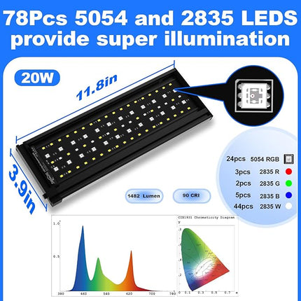 SEAOURA Clip On Aquarium Light for Plants-24/7 Cycle Fish Tank Light with Timer, Full Spectrum+7 Colors Mode, Auto On/Off, Adjustable Brightness and Height, 20W (12inch for 12-20 inch Tank)