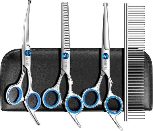 GEMEK Professional Grooming Scissors for Dogs with Safety Round Tips, Dog Grooming Scissors Set - Thinning, Straight, Curved Shears and Comb for Long Short Hair for Dog Cat Pet (Blue-5 in 1)