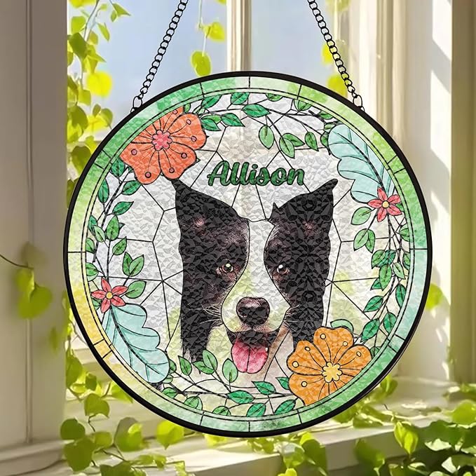 Gabita Custom Pet Portrait Stained Glass Window Hanging, Memorial Dog Portrait Art Ornaments, Dogs Ornament Christmas Tree, Dog Sympathy Gift, Pet Memorial Ornament