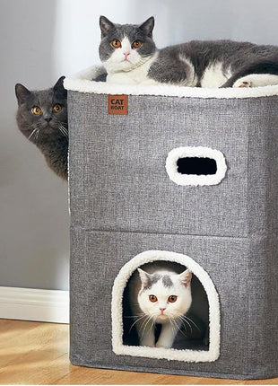 CATBOAT 2-Storey Cat House for Indoor Cats Bed, Covered Beds & Furniture with Scratch Pad and Hideaway Cave, Cute Modern Condo for Multi Small Pet Large Kitten Kitty, Grey