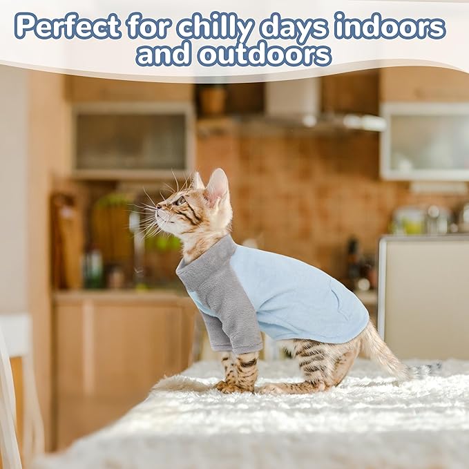 PUMYPOREITY Turtleneck Sweater for Sphynx Cat, Soft Coral Fleece Cat Clothes, Thick Winter Warm Outfit Coat with Sleeves, L, Blue