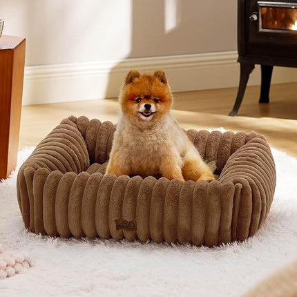 Bedsure Cute Dog Bed for Small Medium Dogs - Washable Furry Puppy Beds, Rectangle Orthopedic Corduroy Fleece Pet Beds with Removable Zipper Cover, 25x21x7inches, Camel Brown