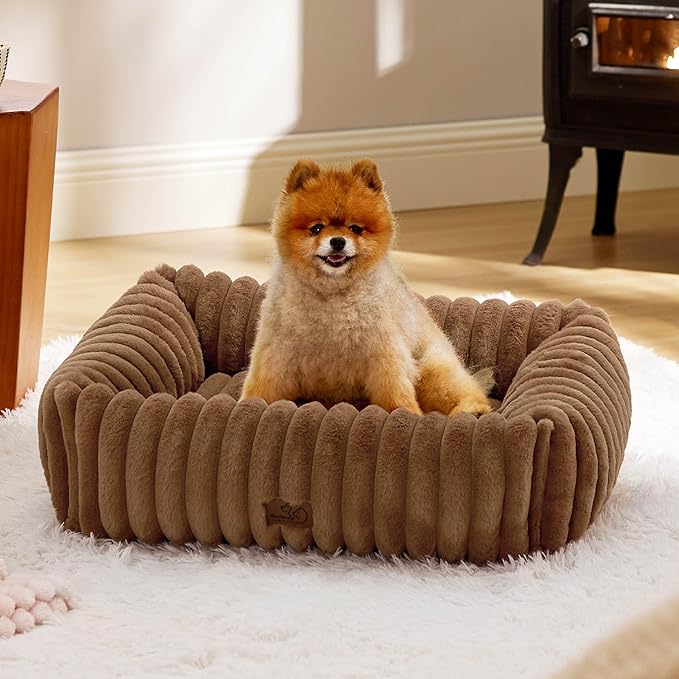 Bedsure Cute Dog Bed for Small Medium Dogs - Washable Furry Puppy Beds, Rectangle Orthopedic Corduroy Fleece Pet Beds with Removable Zipper Cover, 25x21x7inches, Camel Brown