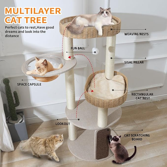 Large Wooden Cat Tree with Scratching Posts, Modern Cat Tower & Condo, Handmade Furniture for Multiple Cats, Unique Perch for Climbing & Play