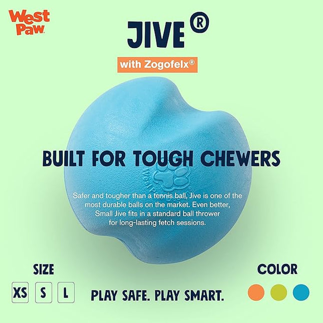 WEST PAW Zogoflex Jive Ball Dog Chew Toy – Bouncing Toys for Dogs, Fetch, Catch, Chewing, Play – Floatable, Recyclable Balls – Latex-Free, Non-Toxic, Dishwasher Safe Dog Toy, X-Small 2", Aqua Blue