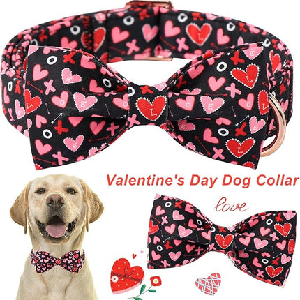 ARING PET Valentine's Day Bow Dog Collar, Black Red Heart Pet Collar with Bowtie for Small Medium Large Dogs-XL