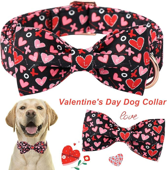 ARING PET Valentine's Day Bow Dog Collar, Black Red Heart Pet Collar with Bowtie for Small Medium Large Dogs-XL
