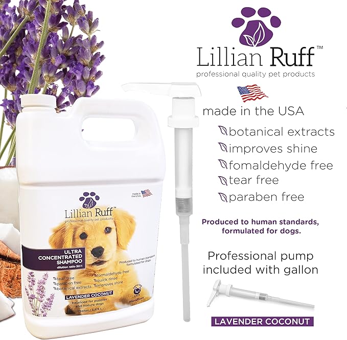 Lillian Ruff PRO Formula Ultra Concentrated Dog Shampoo – Makes 4 Gallons/30 Bottles, 30:1 Dilution, Professional Pet Shampoo for Sensitive Skin | Deodorizing & pH-Balanced Made in USA Gallon+Pump
