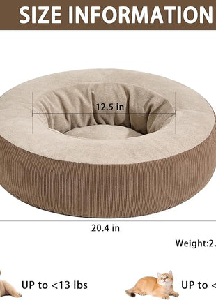 Calming Cat Bed with Anti-Slip Bottom, Washable Removable Round Cozy Pet Bed for Indoor Cats, Small Dogs, Kittens & Puppies 20”x20”x6”
