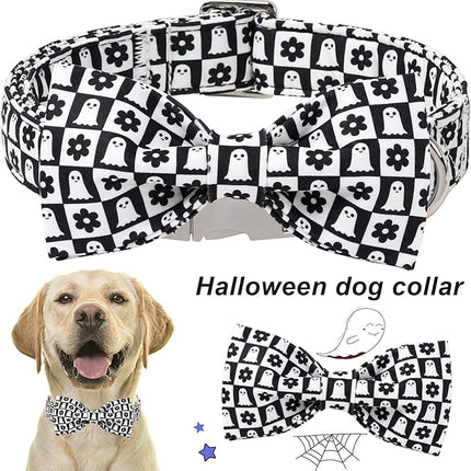 ARING PET Halloween Dog Collar with Bow, Black White Plaid Ghost Floral Cute Pet Collars with Quick Release Buckle for Puppy Small Medium Large Girl Boy Dogs-L