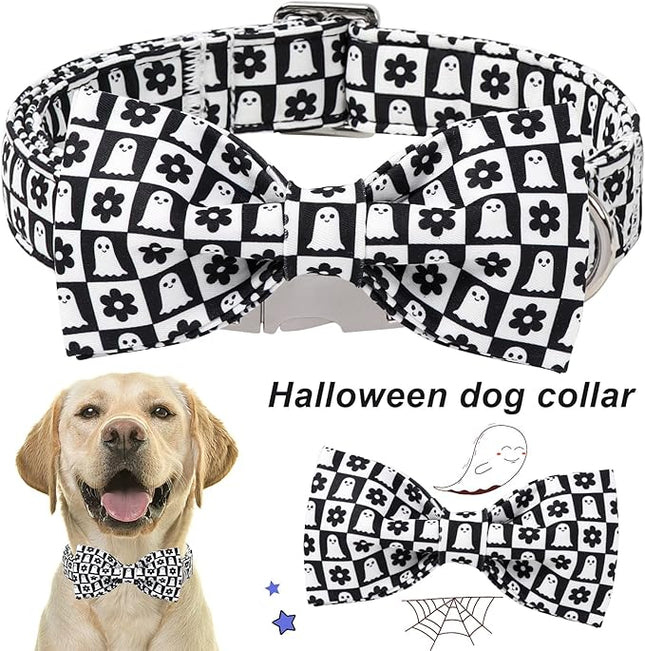 ARING PET Halloween Dog Collar with Bow, Black White Plaid Ghost Floral Cute Pet Collars with Quick Release Buckle for Puppy Small Medium Large Girl Boy Dogs-S