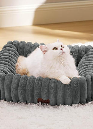 Bedsure Cute Dog Bed for Small Dogs & Cats - Washable Furry Puppy Beds, Rectangle Orthopedic Corduroy Fleece Pet Beds with Removable Zipper Cover, 20x19x6inches, Warm Grey