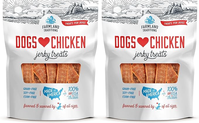 Farmland Traditions Dogs Love Chicken Jerky Dog Treats, Premium Two-Ingredient Dog Jerky with USA-Raised, Human-Grade Chicken & No Antibiotics Ever, 1-Pound Bag (Pack of 2)