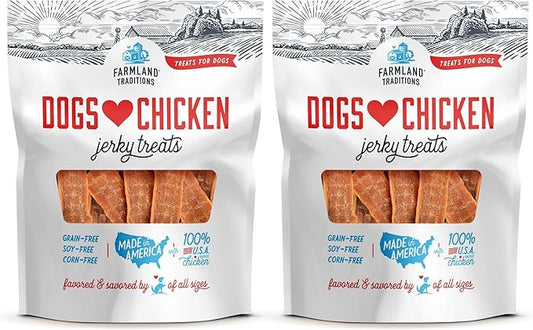 Farmland Traditions Dogs Love Chicken Jerky Dog Treats, Premium Two-Ingredient Dog Jerky with USA-Raised, Human-Grade Chicken & No Antibiotics Ever, 1-Pound Bag (Pack of 2)