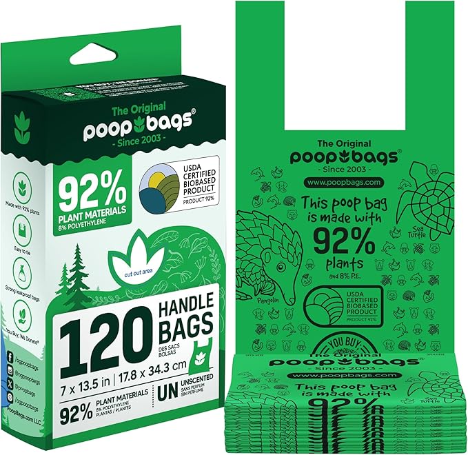 The Original Poop Bags® Tie-Handle Dog Waste Bags, 92% Plant-Based, USDA Certified, Heavy Duty, Large (120 Count (Pack of 1))
