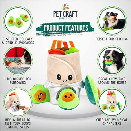 Pet Craft Supply Hide and Seek Plush Dog Toys Crinkle Squeaky Interactive Burrow Activity Puzzle Chew Fetch Treat Hiding Brain Stimulating Cute Funny Toy Bundle Pack - Burrito, for Medium Breeds