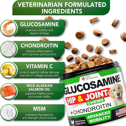 Glucosamine for Dogs - Hip and Joint Supplement for Dogs - Glucosamine Chondroitin - Joint Pain Relief Pills - MSM - Advanced Health Support Supplement - 120 Mobility Chews - Made in USA