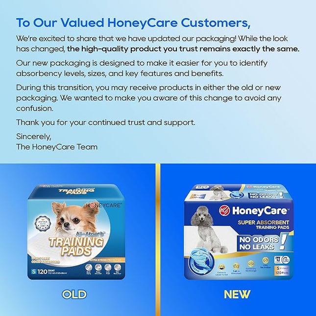 Honey Care All-Absorb, Small 17.5" x 23.5", 120 Count, Dog and Puppy Training Pads, Ultra Absorbent and Odor Eliminating, Leak-Proof 5-Layer Potty Training Pads with Quick-Dry Surface, Blue, A05