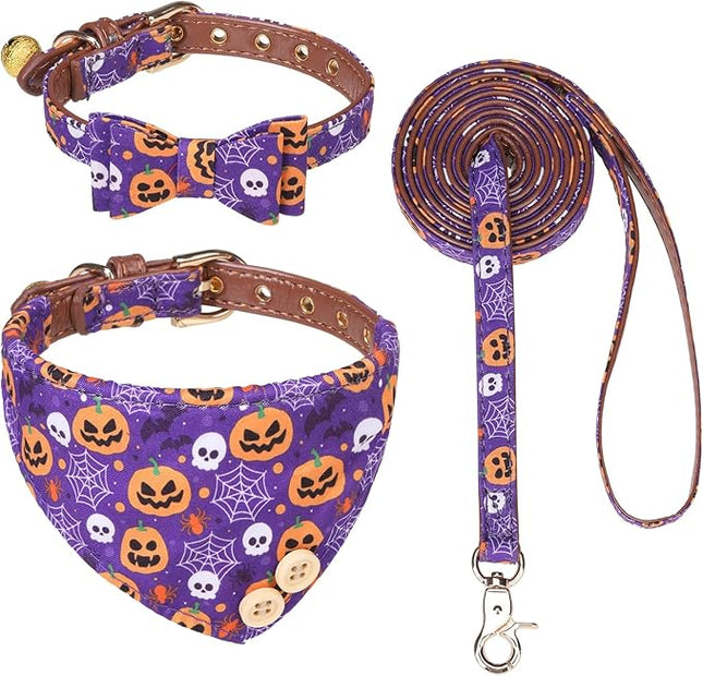EXPAWLORER Halloween Dog Collar and Leash Set - Dog Bow Tie and Dog Bandana Collar with Bell, Dog Leash Tangle Free, Adjustable Collars for Small Medium Large Dogs Cats, Holiday Ideal Gift for Pets