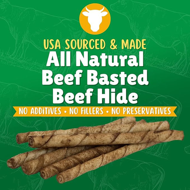 Beef Basted Rawhide Twist Sticks Dog Treats – 60ct. Premium Rawhide Chew Sticks – Long Lasting Beef Flavored Chews for Small Dogs Made in USA with Natural Beefhide