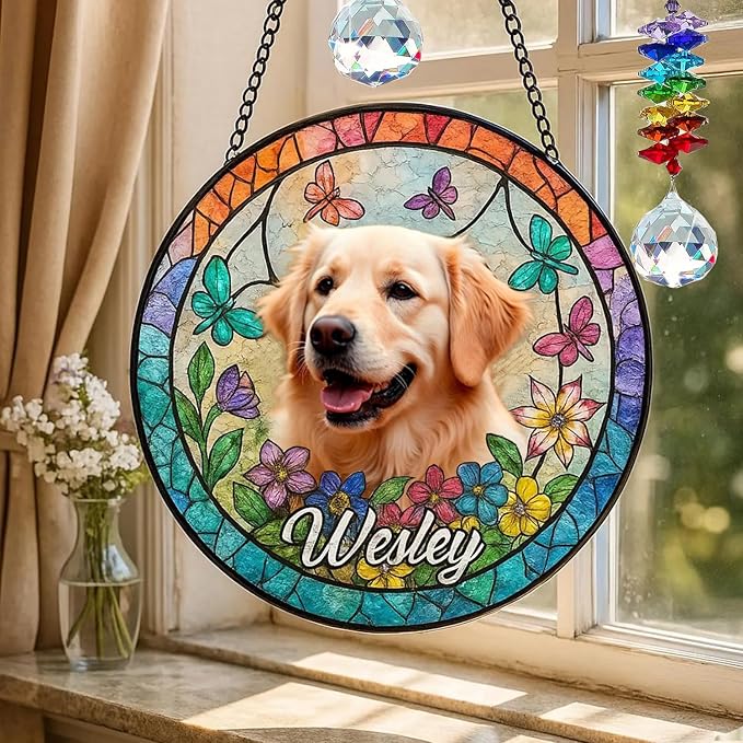 Gabita Custom Pet Portrait Stained Glass Window Hanging, Memorial Dog Portrait Art Light Catcher, Dogs Ornament Christmas Tree, Dog Sympathy Gift, Pet Memorial Ornament