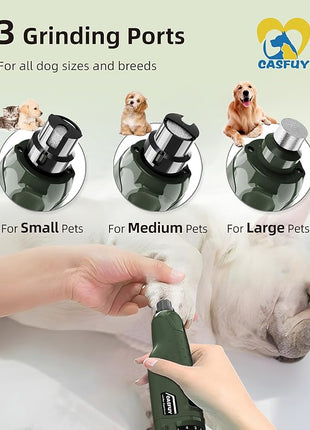 Casfuy Dog Nail Grinder Quiet - (45db) 6-Speed Pet Nail Grinder with 2 LED Lights for Large Medium Small Puppy Dogs/Cats, Professional 3 Ports Rechargeable Electric Dog Nail Trimmer with Dust Cap