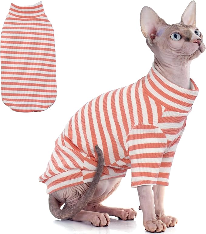 PUMYPOREITY Sphynx Cat Clothes - Soft Hairless Shirt With Sleeves, Stretchy Sweater, Pullover Pajamas Jumpsuit, Turtleneck Outfit for Sphynx Cornish Rex, Devon Rex - Orange, XL
