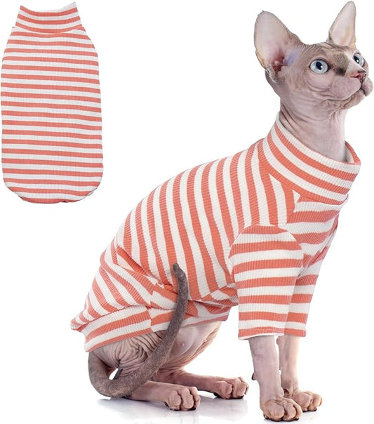 PUMYPOREITY Sphynx Cat Clothes - Soft Hairless Shirt With Sleeves, Stretchy Sweater, Pullover Pajamas Jumpsuit, Turtleneck Outfit for Sphynx Cornish Rex, Devon Rex - Orange, XL