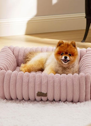 Bedsure Cute Dog Bed for Small Medium Dogs - Washable Furry Puppy Beds, Rectangle Orthopedic Corduroy Fleece Pet Beds with Removable Zipper Cover, 25x21x7inches, Blush Pink