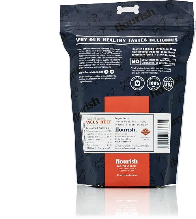 Flourish Pets Angus Beef Jerky Sticks, Dog Treats, Healthy Training Chews (1 Pound)