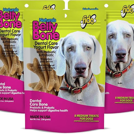 Fido - Belly Bones for Dogs, Yogurt Flavored Medium Dog Dental Treats - 8 Treats Per Pack (3 Pack) - (Made in USA) - Plaque and Tartar Control for Fresh Breath, Digestive Health Support