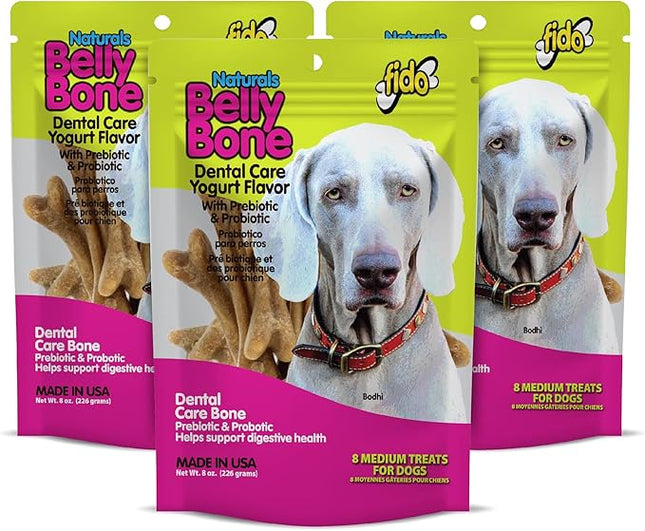 Fido - Belly Bones for Dogs, Yogurt Flavored Medium Dog Dental Treats - 8 Treats Per Pack (3 Pack) - (Made in USA) - Plaque and Tartar Control for Fresh Breath, Digestive Health Support