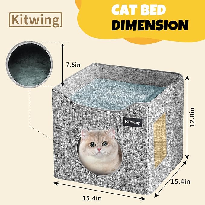 Cat Bed for Indoor Cats, Foldable Cat Hideaway Double Decker Cat House with Scratch Plate, Removable Cat Stuff and Washable Cat Cave for 1-2 Cats, 15.4x15.4x12.8 inches, Grey