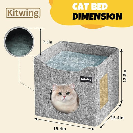 Cat Bed for Indoor Cats, Foldable Cat Hideaway Double Decker Cat House with Scratch Plate, Removable Cat Stuff and Washable Cat Cave for 1-2 Cats, 15.4x15.4x12.8 inches, Grey