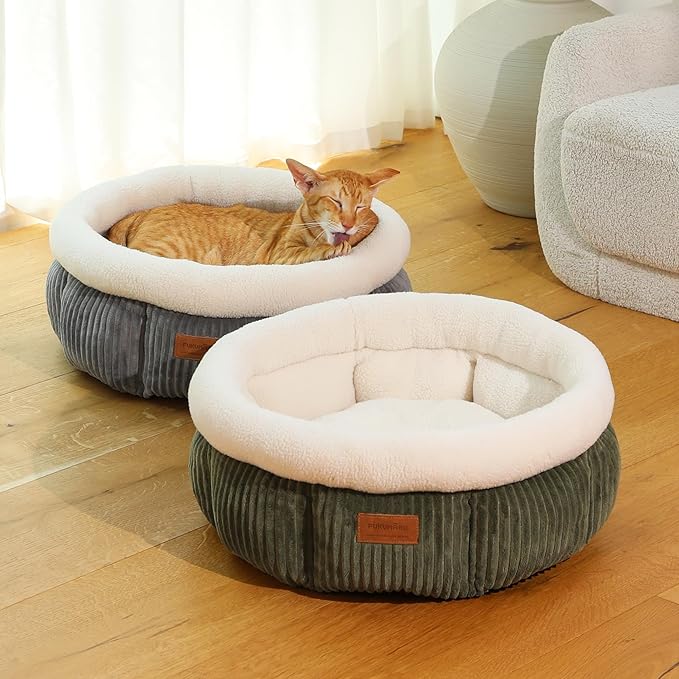 FUKUMARU Cat Bed, Corduroy Round Cat Beds for Indoor Cats, Washable Fluffy Pet Bed for Cats and Puppy, Soft Cute Small Dog Beds, Grey