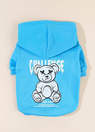 QWINEE Cartoon Bear Print Dog Hoodie Dog Sweatshirt Cat Shirt Apparel Winter Warm Dog Clothes for Puppy Kitten Cat Small Medium Dogs Blue XL