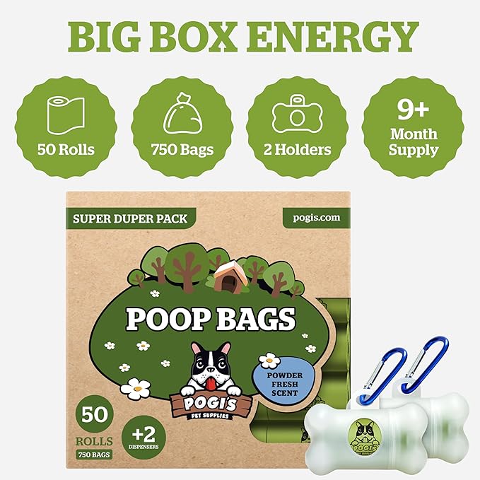 Pogi’s Dog Poop Bags – Leak-Proof & Extra Thick Pet Waste Bags with 2 Holders (Fresh Scent, 50 Rolls, 750-Count)