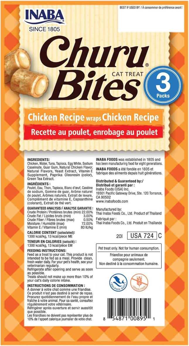 INABA Churu Bites for Cats, Soft Baked Chicken Churu Filled Cat Treats with Green Tea Extract, 0.35 Ounces Each Tube, 18 Tubes Total (3 per Pack), Chicken Recipe (Pack of 2)