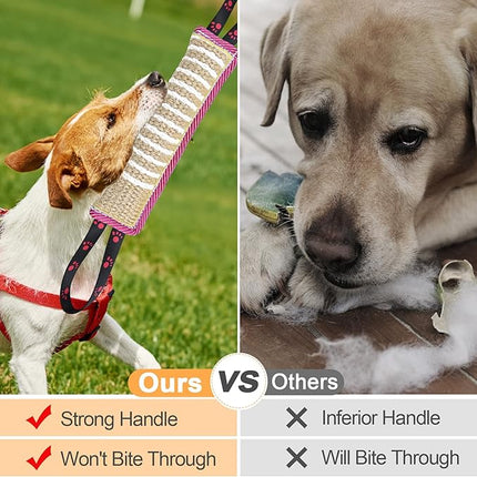 Dog Tug Toy Dog Bite Jute Pillow Pull Toy with 2 Strong Handles for Tug of War, Puppy Interactive Play, Tear Resistant Bite Training Toys for Small Medium Large Dogs (Pink Yellow Footprint)