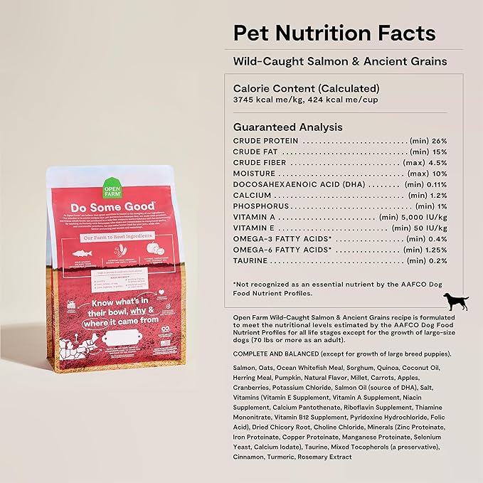 Open Farm, Ancient Grains Dry Dog Food, Protein-Rich & Nutrient Dense, 90% Animal Protein Mixed with Non-GMO Fruits, Veggies and Superfoods, Wild Caugh Salmon Recipe, 4lb Bag