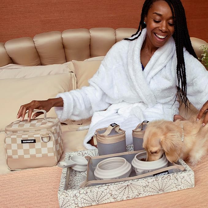 Small 7-Piece Bistro Box Dog Food Travel Kit, 6-Cup Kibble Storage, 2 Silicone Bowls, Mat & Scoop - Premium Portable Pet Food Kit for Weekends, Overnights, Daycare & Camping, Checkerboard