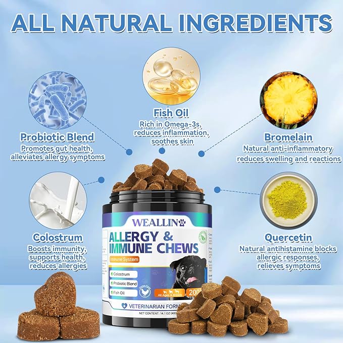 200 PCS Dog Allergy Chews, Dog Allergy Relief Chews with Probiotic Anti-Itch for Dogs - Omega 3 Fish Oil - Itching Skin Relief, Immune & Skin & Coat Support, Hot Spots, Paw Licking and Sensitivities