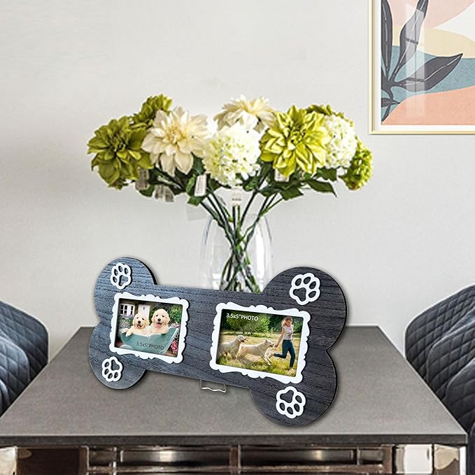 Dog Memorial 3.5x5 Inches Bone Shaped Double Picture Frame - Pet Passing Away Sympathy Gift with Paw Print - Bereavement Sympathy Decor for Loss of Dog